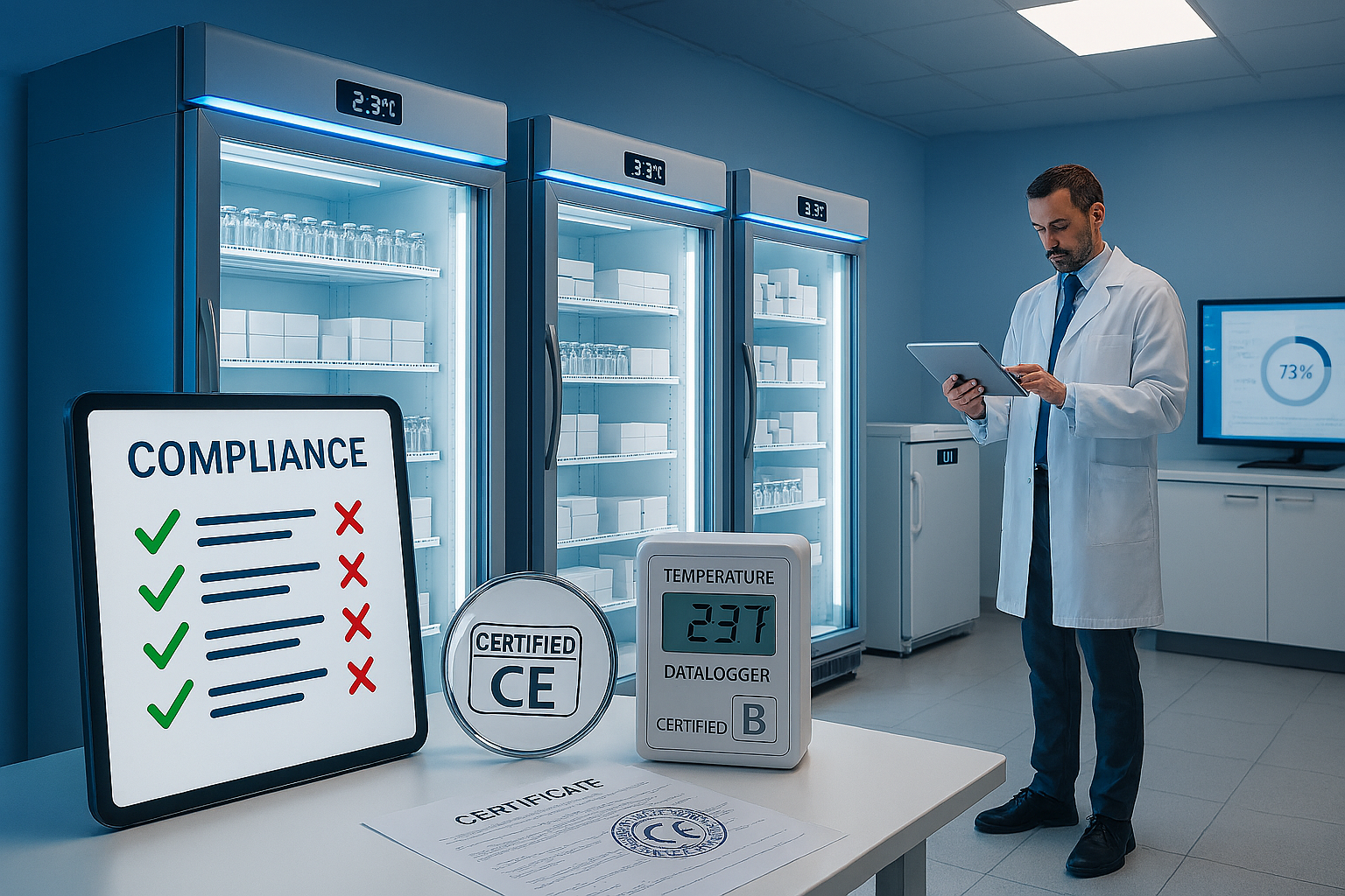 Control de temperatura certificado en almacén farmacéutico con supervisión digital